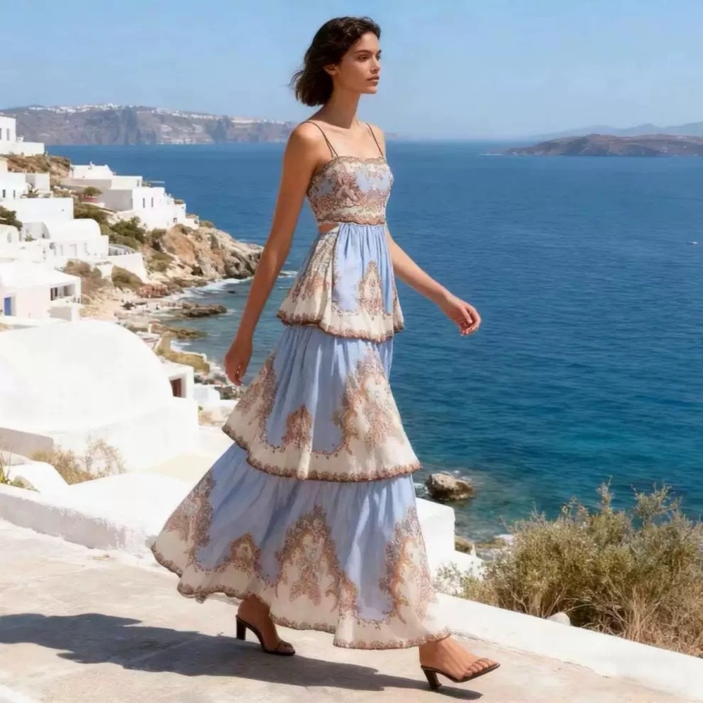 Designer-Style Daylight Tiered Blue Printed Maxi Dress with Gold Accents